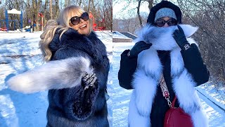 HUGE fox fur stole Arctic Marble fox fur vest Silver Fox fur hooded coat [upl. by Ahseikal]