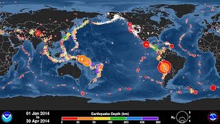 Global Earthquake Animation January  April 2014 [upl. by Proulx990]